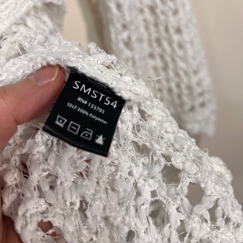Boho Crochet Cardigan Open Knit Duster Tie Waist Beach Cover Up White POL Size L - Picture 4 of 6